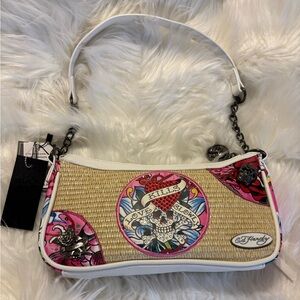 Ed Hardy Pink and Tan Baguette Shoulder Bag with Strap